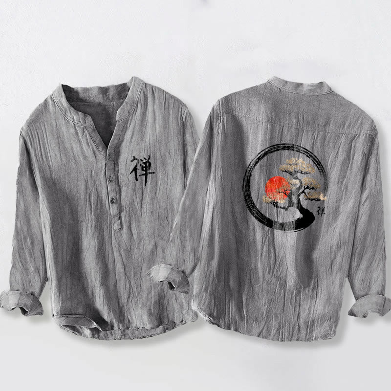 Koszula męska z długim rękawem z bawełny i lnu, z motywem Buddha Stones i sosny, z półguzikami i wzorem słońca - Szary - US/UK/AU50, EU60 (5XL) - image 0