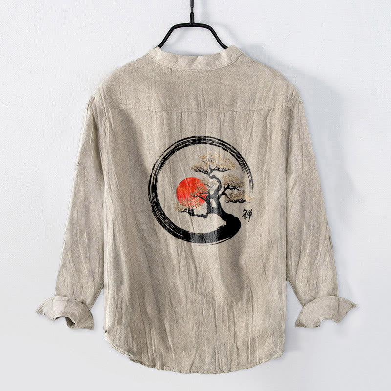 Koszula męska z długim rękawem z bawełny i lnu, z motywem Buddha Stones i sosny, z półguzikami i wzorem słońca - image 5