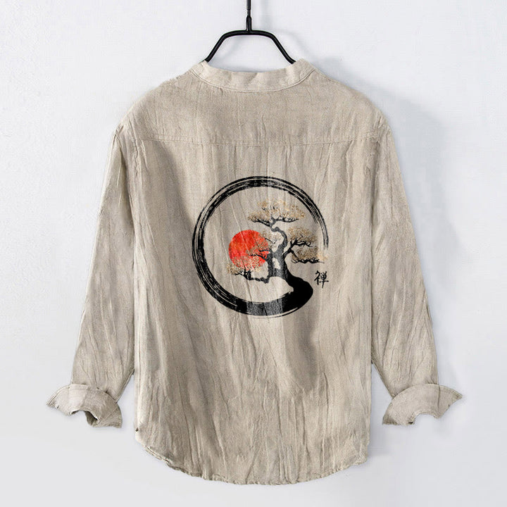 Koszula męska z długim rękawem z bawełny i lnu, z motywem Buddha Stones i sosny, z półguzikami i wzorem słońca - image 5