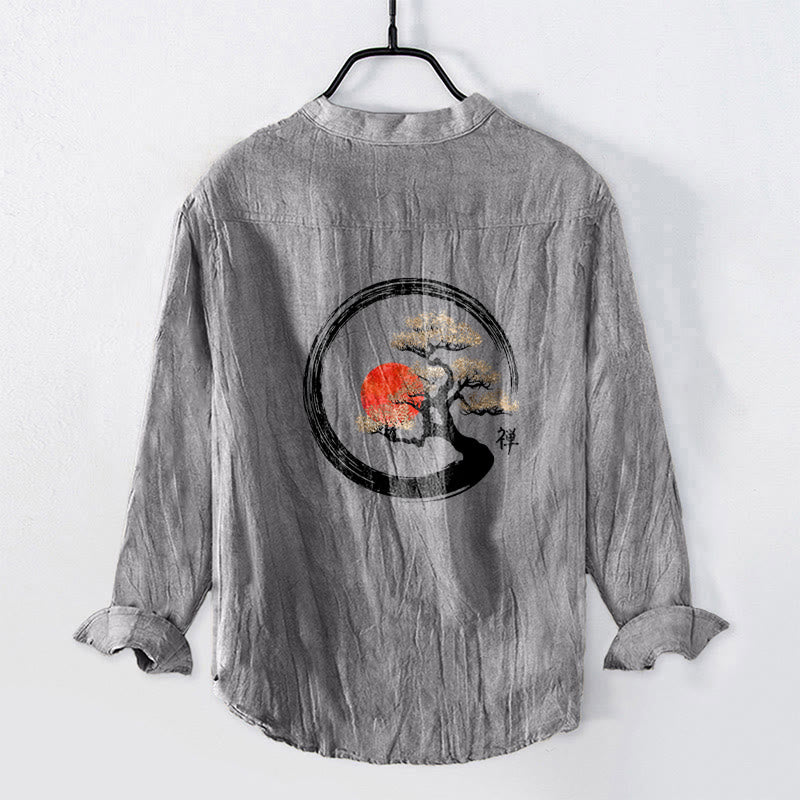 Koszula męska z długim rękawem z bawełny i lnu, z motywem Buddha Stones i sosny, z półguzikami i wzorem słońca - image 2