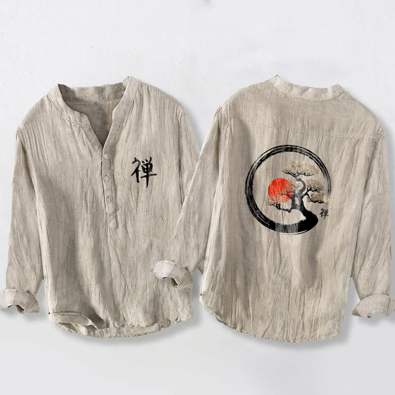 Koszula męska z długim rękawem z bawełny i lnu, z motywem Buddha Stones i sosny, z półguzikami i wzorem słońca - Bielizna - US/UK/AU50, EU60 (5XL) - image 3