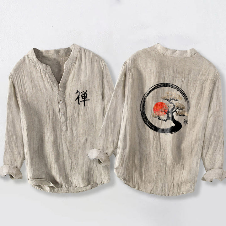 Koszula męska z długim rękawem z bawełny i lnu, z motywem Buddha Stones i sosny, z półguzikami i wzorem słońca - Bielizna - US/UK/AU50, EU60 (5XL) - image 3