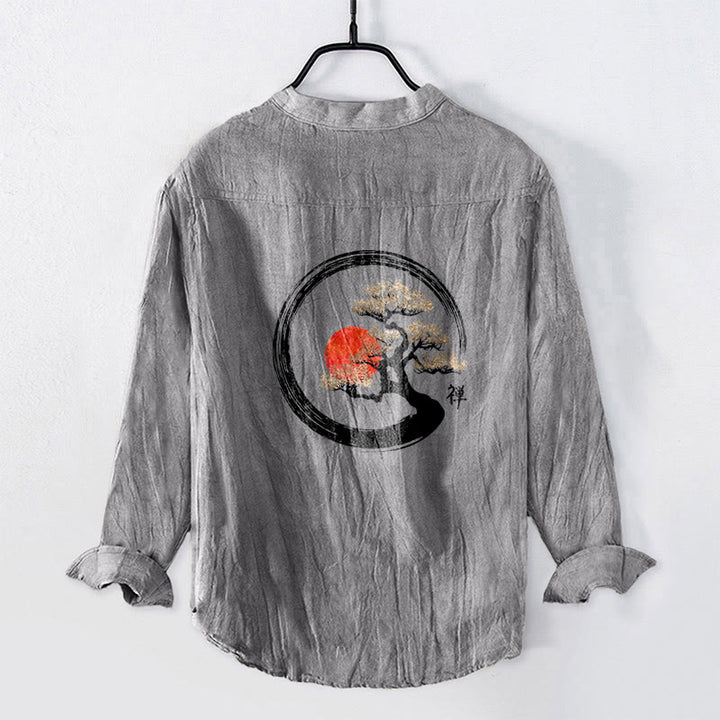 Koszula męska z długim rękawem z bawełny i lnu, z motywem Buddha Stones i sosny, z półguzikami i wzorem słońca - image 2