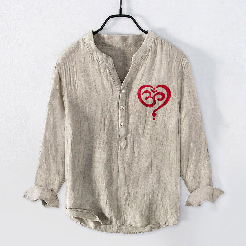 Koszula męska z długim rękawem z bawełny i lnu z Buddha Stones w kształcie serca i symbolem OM - Bielizna - US/UK/AU50, EU60 (5XL) - image 0
