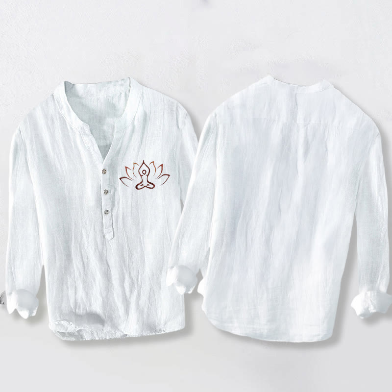 Koszula męska z długim rękawem z bawełny i lnu z motywem medytującej figury lotosu i Buddha Stones - image 8