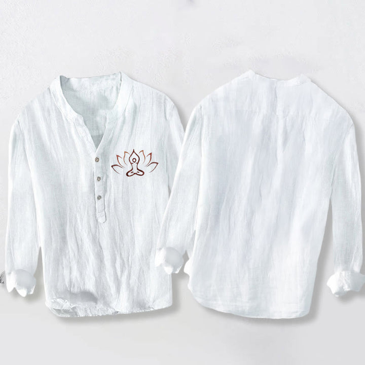 Koszula męska z długim rękawem z bawełny i lnu z motywem medytującej figury lotosu i Buddha Stones - image 8