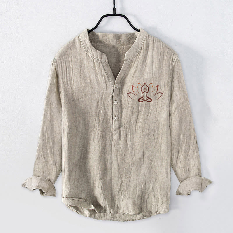Koszula męska z długim rękawem z bawełny i lnu z motywem medytującej figury lotosu i Buddha Stones - Bielizna - US/UK/AU50, EU60 (5XL) - image 0