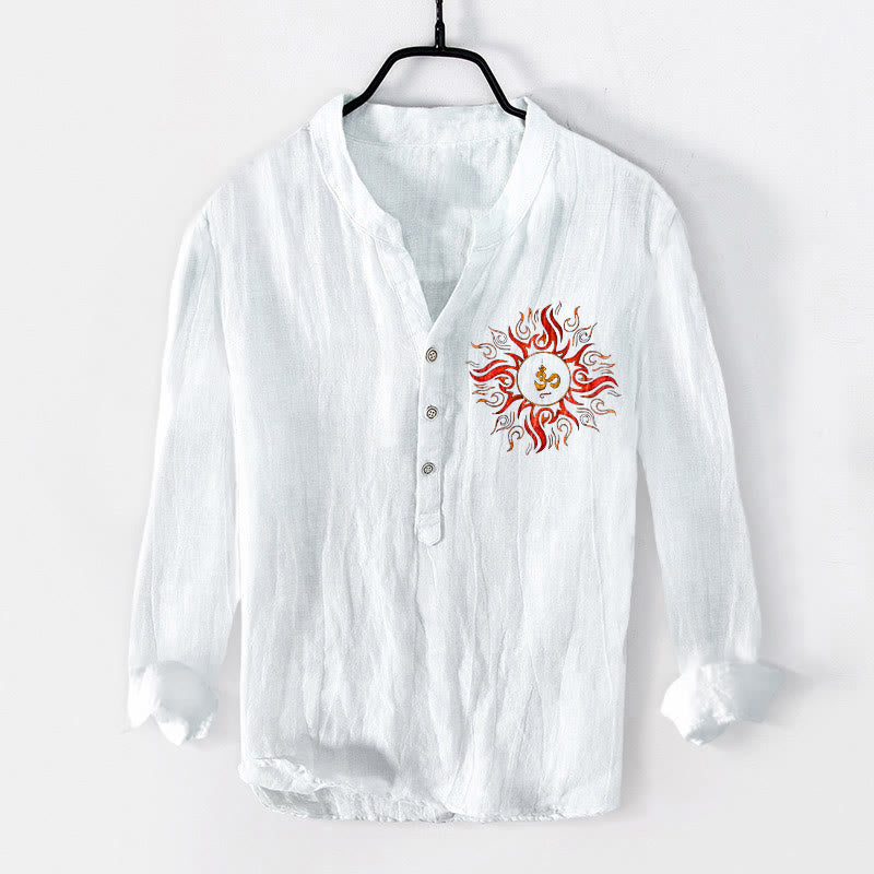 Koszula męska z długim rękawem z bawełny i lnu, z Buddha Stones i symbolem OM w kształcie słońca, zapinana na pół guziki - Biały - US/UK/AU50, EU60 (5XL) - image 6