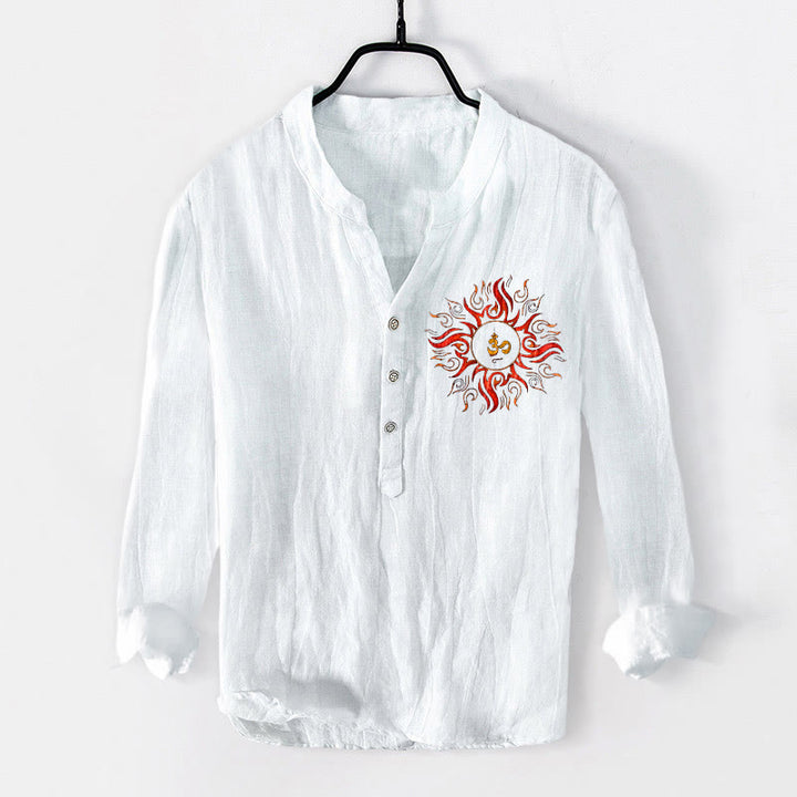 Koszula męska z długim rękawem z bawełny i lnu, z Buddha Stones i symbolem OM w kształcie słońca, zapinana na pół guziki - Biały - US/UK/AU50, EU60 (5XL) - image 6