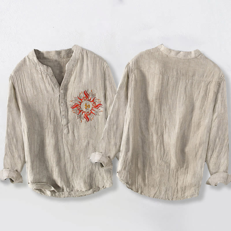 Koszula męska z długim rękawem z bawełny i lnu, z Buddha Stones i symbolem OM w kształcie słońca, zapinana na pół guziki - image 2