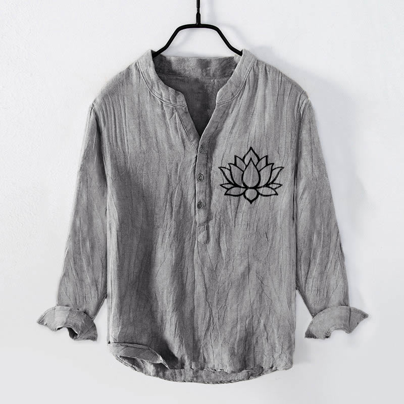 Koszula męska z długim rękawem z bawełny i lnu z motywem kwiatów lotosu i motywem Buddha Stones - Szary - US/UK/AU50, EU60 (5XL) - image 0