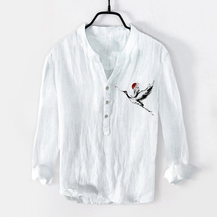 Koszula męska z długim rękawem z bawełny i lnu, z motywem latającego żurawia i Buddha Stones , zapinana na pół guziki - Biały - US/UK/AU50, EU60 (5XL) - image 6