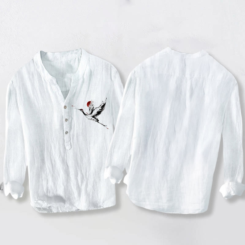 Koszula męska z długim rękawem z bawełny i lnu, z motywem latającego żurawia i Buddha Stones , zapinana na pół guziki - image 8