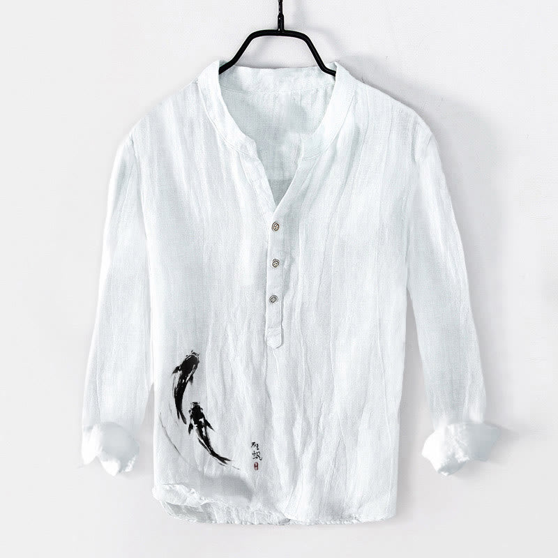 Koszula męska z długim rękawem z bawełny i lnu z motywem dwóch ryb Koi i Buddha Stones - Biały - US/UK/AU50, EU60 (5XL) - image 6