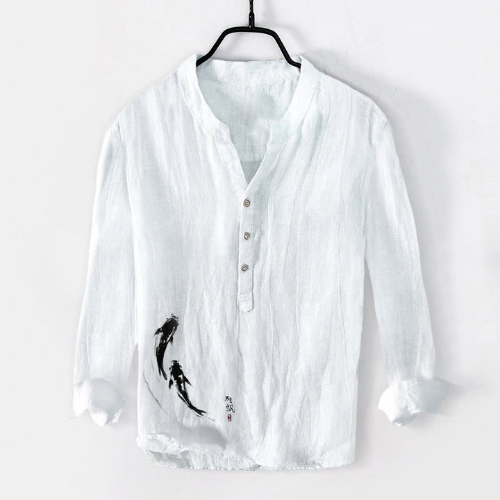 Koszula męska z długim rękawem z bawełny i lnu z motywem dwóch ryb Koi i Buddha Stones - Biały - US/UK/AU50, EU60 (5XL) - image 6