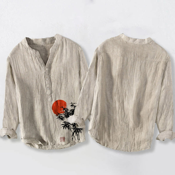 Koszula męska z długim rękawem z bawełny i lnu, z motywem kamieni Buddha Stones bambusa i czerwonego słońca, zapinana na pół guziki - image 2