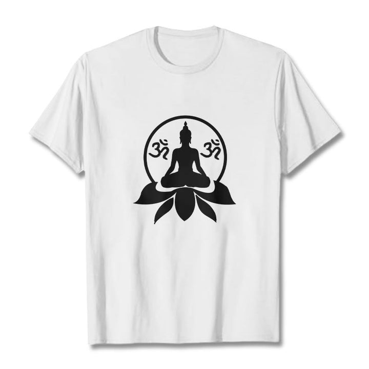 Koszulka z motywem OM i sanskryckimi mantrami z kamieniami Buddha Stones, siedzącym Buddą na kwiecie lotosu - Biały - 2XL - image 3