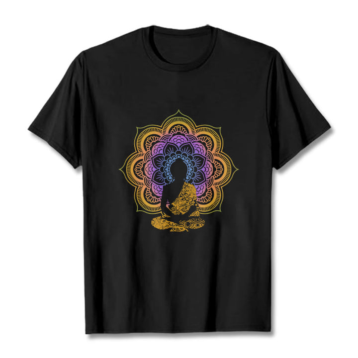 Koszulka z wielokolorowym wzorem mandali z motywem siedzącego Buddy z Buddha Stones - Czarny - 2XL - image 0