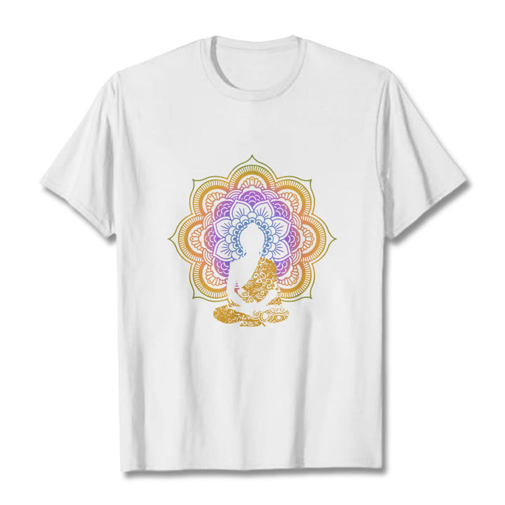 Koszulka z wielokolorowym wzorem mandali z motywem siedzącego Buddy z Buddha Stones - Biały - 2XL - image 5