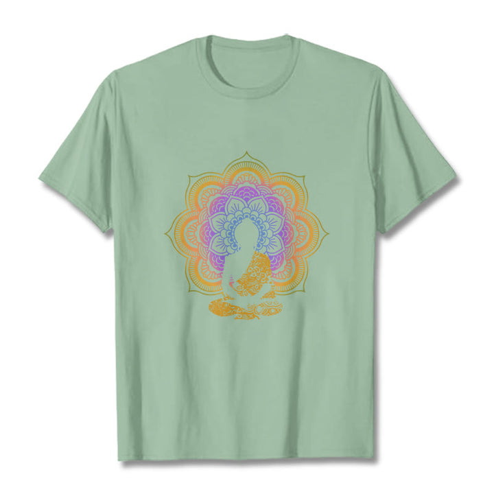 Koszulka z wielokolorowym wzorem mandali z motywem siedzącego Buddy z Buddha Stones - PaleGreen - 2XL - image 8