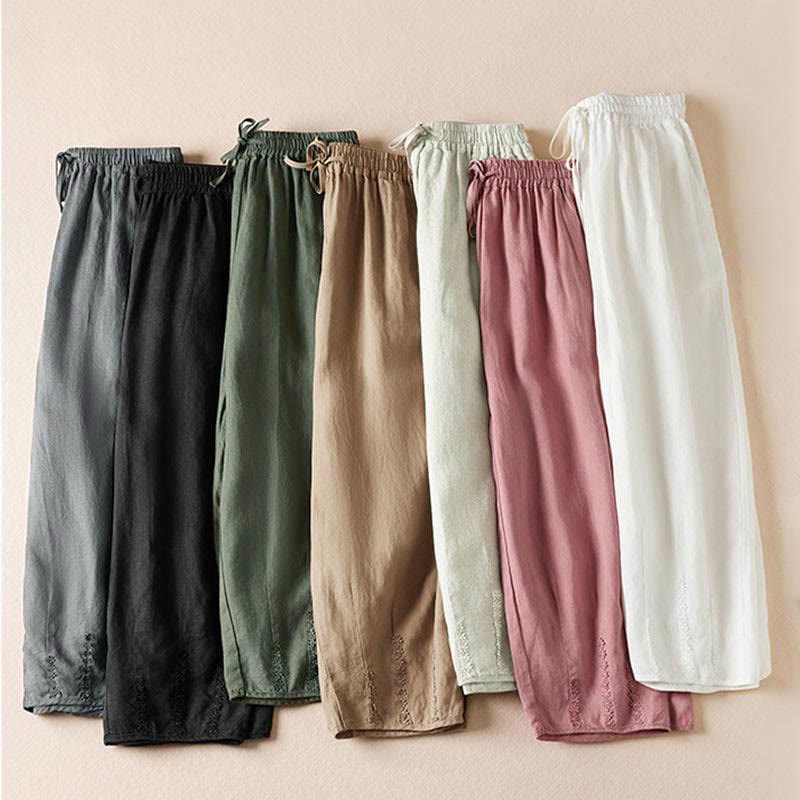 Letnie spodnie haremowe z haftem w kształcie małych kwiatów i kieszeniami z motywem Buddha Stones - image 1