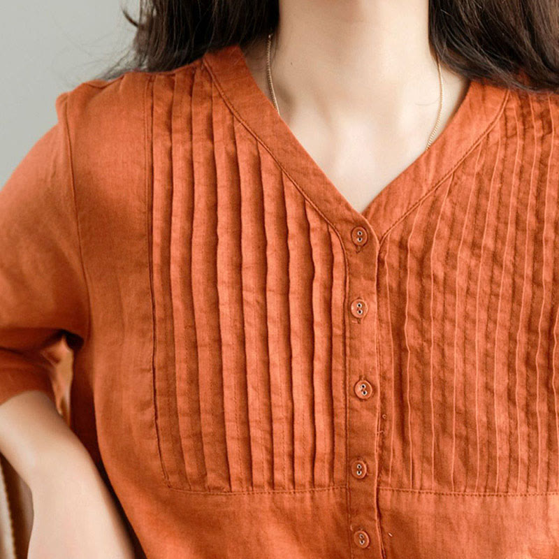 Sukienka midi Buddha Stones w swobodnym, prostym kroju z plisami w harmonijkę, dekoltem w serek, krótkim rękawem i kieszeniami - image 11