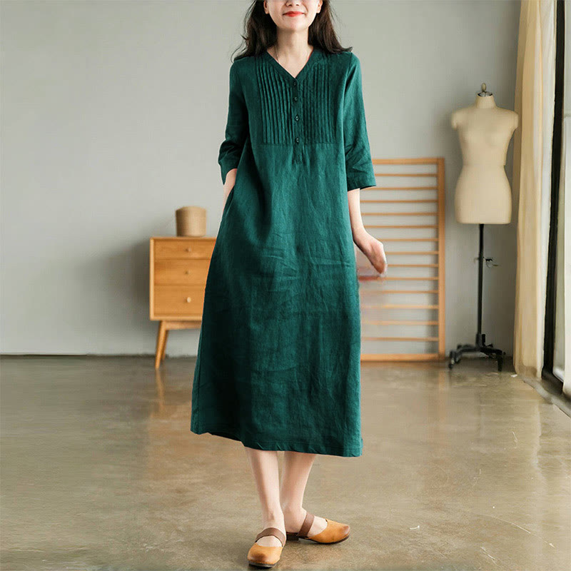 Sukienka midi Buddha Stones w swobodnym, prostym kroju z plisami w harmonijkę, dekoltem w serek, krótkim rękawem i kieszeniami - Cyraneczka - US12, UK/AU16, EU44 (3XL) - image 0