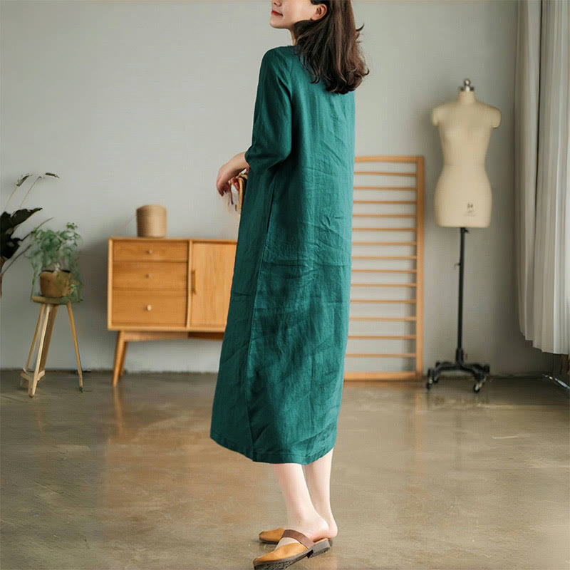 Sukienka midi Buddha Stones w swobodnym, prostym kroju z plisami w harmonijkę, dekoltem w serek, krótkim rękawem i kieszeniami - image 2