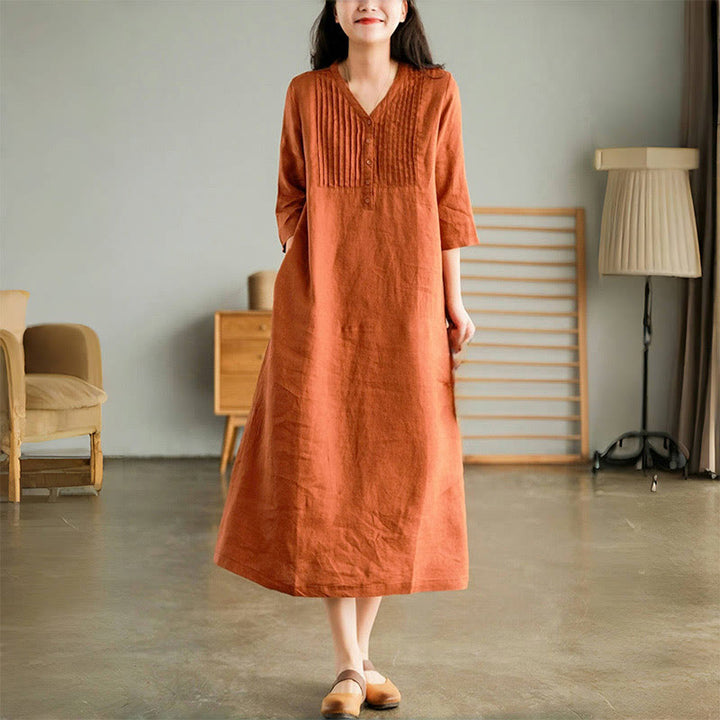 Sukienka midi Buddha Stones w swobodnym, prostym kroju z plisami w harmonijkę, dekoltem w serek, krótkim rękawem i kieszeniami - Koral - US12, UK/AU16, EU44 (3XL) - image 6