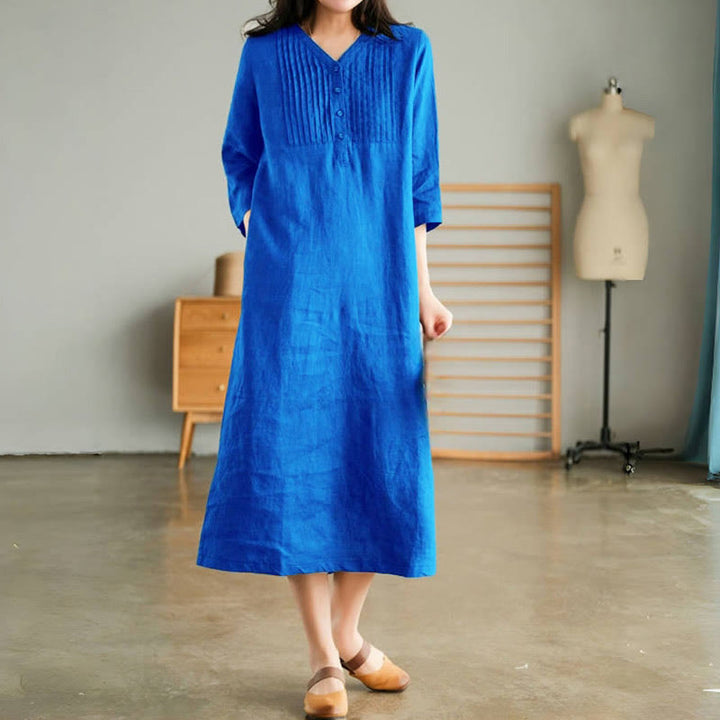 Sukienka midi Buddha Stones w swobodnym, prostym kroju z plisami w harmonijkę, dekoltem w serek, krótkim rękawem i kieszeniami - DodgerBlue - US12, UK/AU16, EU44 (3XL) - image 4
