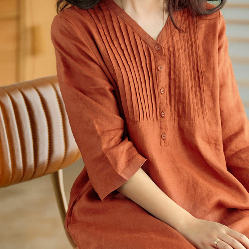 Sukienka midi Buddha Stones w swobodnym, prostym kroju z plisami w harmonijkę, dekoltem w serek, krótkim rękawem i kieszeniami - image 9