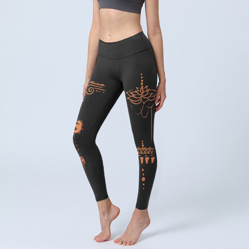 Leginsy do jogi damskie z motywem spirali lotosu i kamieni Buddha Stones - Czarny - US18, UK/AU22, EU50 (4XL) - image 0