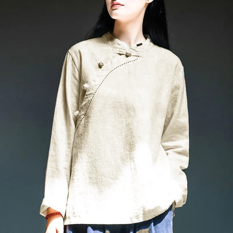 Buddha Stones, kołnierzyk skośny, węzeł, guzik, luźna odzież lniana - Biały - US12, UK/AU16, EU44 (4XL) - image 11