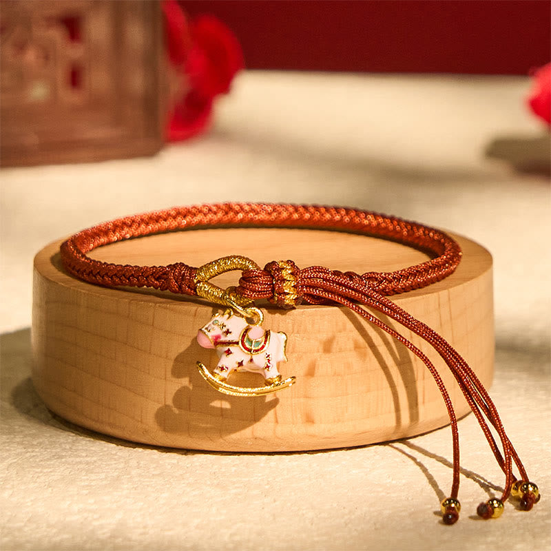 Bransoletka pleciona z czerwonego sznurka, Buddha Stones, chiński zodiak, rok konia, szczęście - Koń (obwód nadgarstka 14-18 cm) - image 0