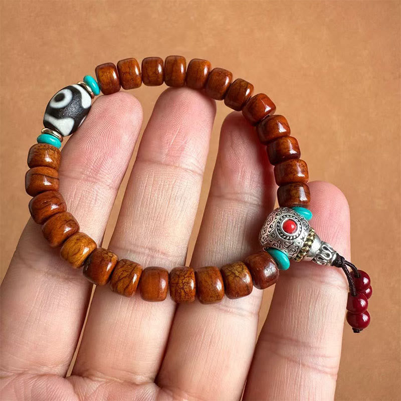 Bransoletka z Buddha Stones , koralików Vajra z trzema oczami Dzi, przynosząca szczęście - Koraliki z kości i koraliki Dzi z trzema oczkami oraz stop (obwód nadgarstka: 15-16 cm) - image 0