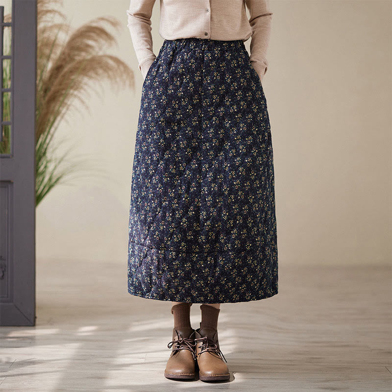 Spódnica midi damska z elastycznej bawełny z motywem Buddha Stones w stylu vintage z kwiatowym wzorem i kieszeniami - MidnightBlue - US6, UK/AU10, EU38 (XL) - image 0