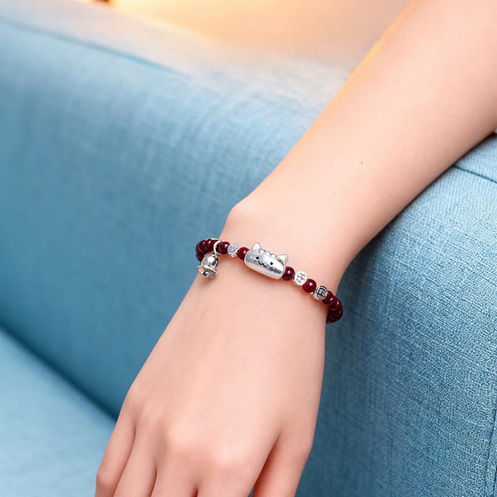 Bransoletka z koralików ochronnych z Buddha Stones próby 999, z naturalnym, uroczym granatem w kształcie głowy kota - image 8