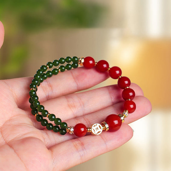 Bransoletka z naturalnego czerwonego agatu Buddha Stones z podwójnym owinięciem i zielonym chalcedonem - Czerwony agat (obwód nadgarstka: 13-15 cm) - image 0