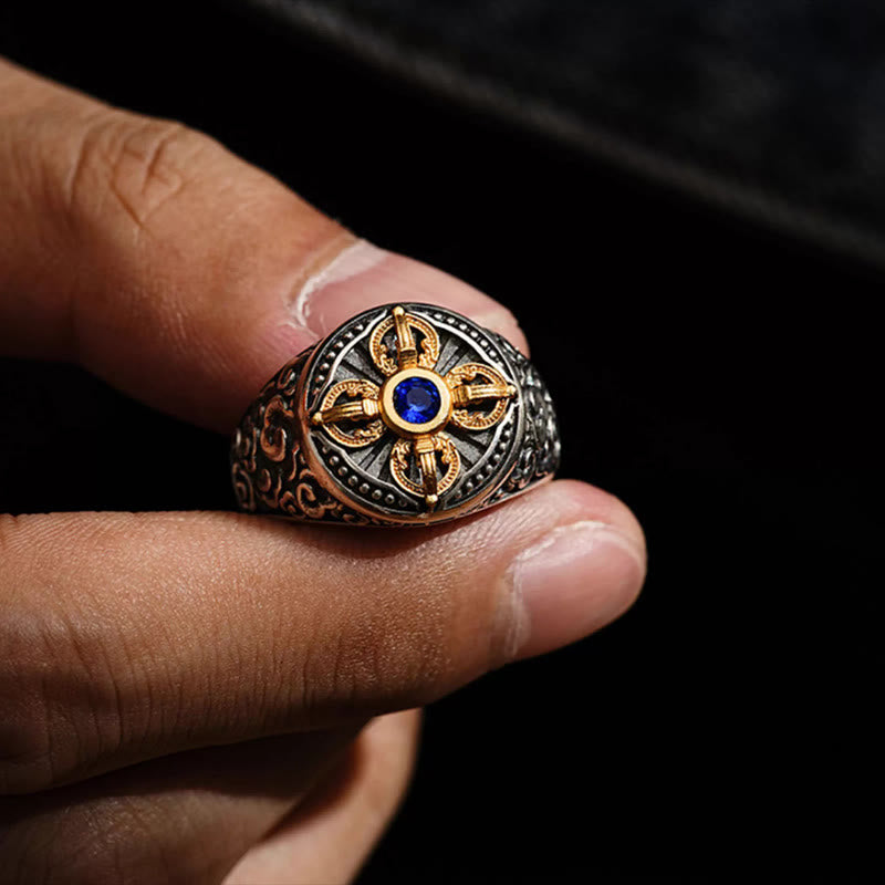 Tybetański krzyż z Buddha Stones, wzór Vajra, pomyślne chmury, miedziany regulowany pierścień równowagi - image 2