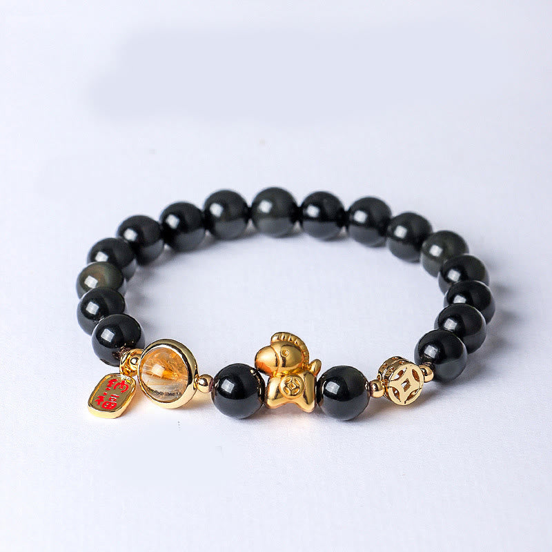 Bransoletka z Buddha Stones z roku konia, 8 mm, naturalny czarny obsydian, czerwony agat, różowy kryształ - Czarny obsydian (obwód nadgarstka: 13-15 cm) - image 0