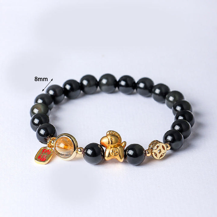 Bransoletka z Buddha Stones z roku konia, 8 mm, naturalny czarny obsydian, czerwony agat, różowy kryształ - image 1