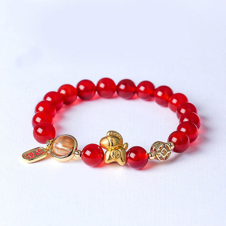 Bransoletka z Buddha Stones z roku konia, 8 mm, naturalny czarny obsydian, czerwony agat, różowy kryształ - Czerwony agat (obwód nadgarstka: 13-15 cm) - image 5