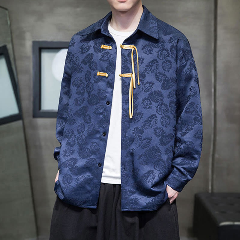 Męska kurtka typu Tang z długim rękawem i guzikami w kształcie żaby z motywem Buddha Stones - Ciemnoniebieski - US/UK/AU50, EU60 (5XL) - image 9