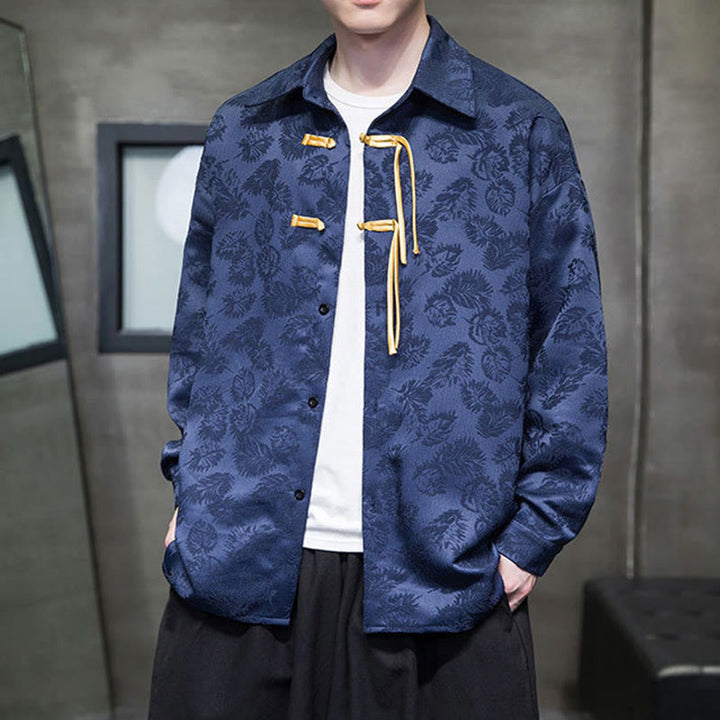 Męska kurtka typu Tang z długim rękawem i guzikami w kształcie żaby z motywem Buddha Stones - Ciemnoniebieski - US/UK/AU50, EU60 (5XL) - image 9