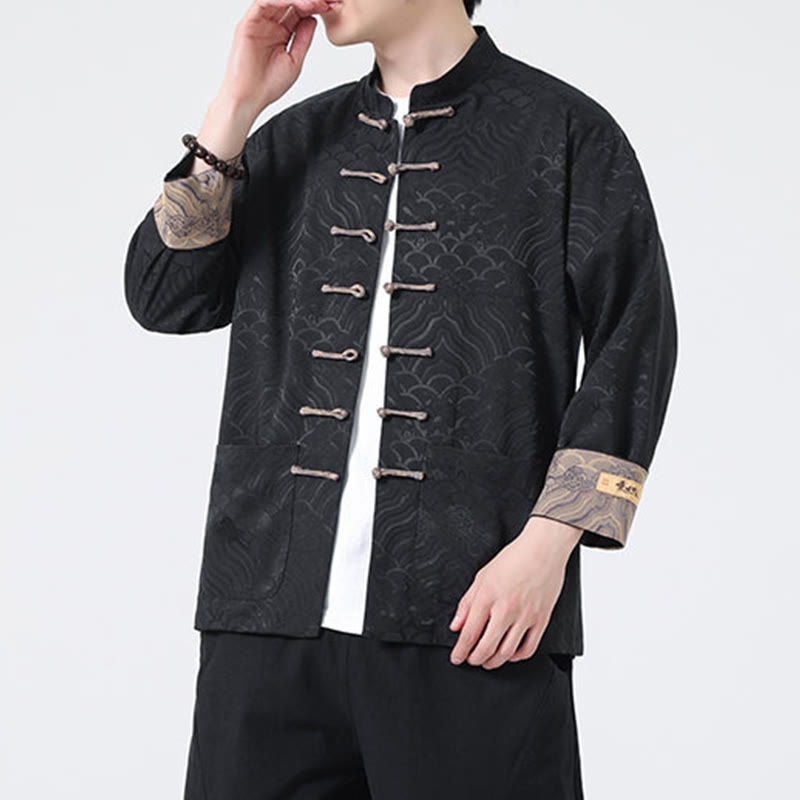 Kurtka męska bawełniana z długim rękawem i kieszeniami, z motywem żabich guzików i fal górskich, z Buddha Stones - image 13