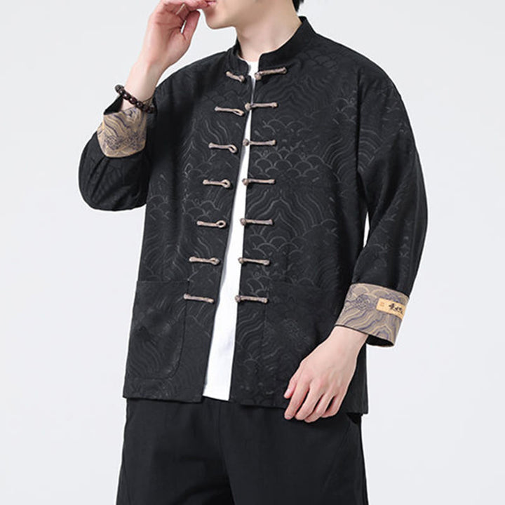 Kurtka męska bawełniana z długim rękawem i kieszeniami, z motywem żabich guzików i fal górskich, z Buddha Stones - image 13