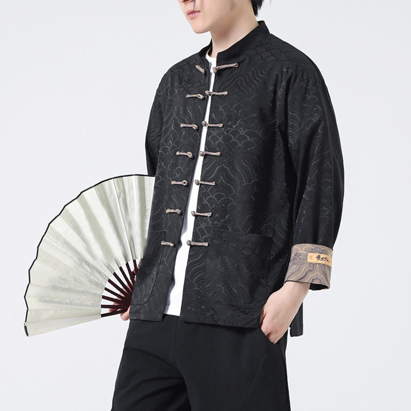 Kurtka męska bawełniana z długim rękawem i kieszeniami, z motywem żabich guzików i fal górskich, z Buddha Stones - image 12