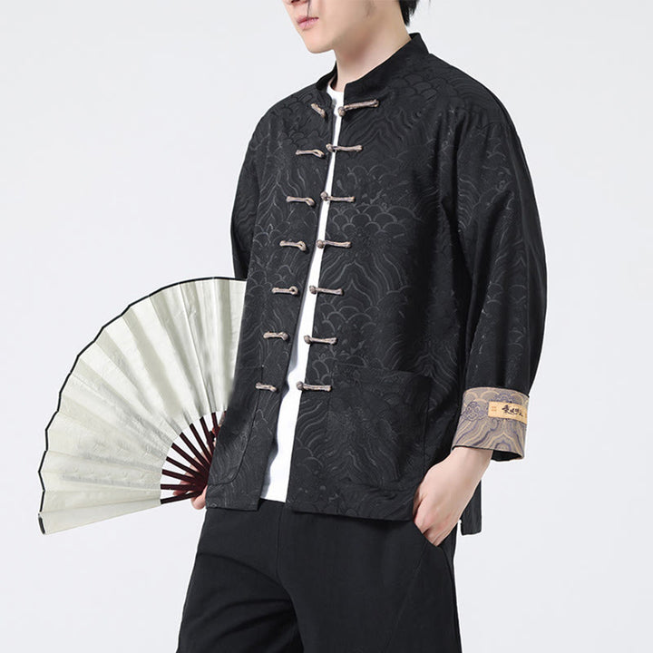 Kurtka męska bawełniana z długim rękawem i kieszeniami, z motywem żabich guzików i fal górskich, z Buddha Stones - image 12