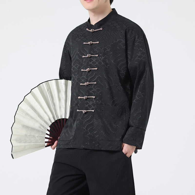 Kurtka męska bawełniana z długim rękawem i kieszeniami, z motywem żabich guzików i fal górskich, z Buddha Stones - Czarny - US/UK/AU46， EU56 (5XL) - image 9