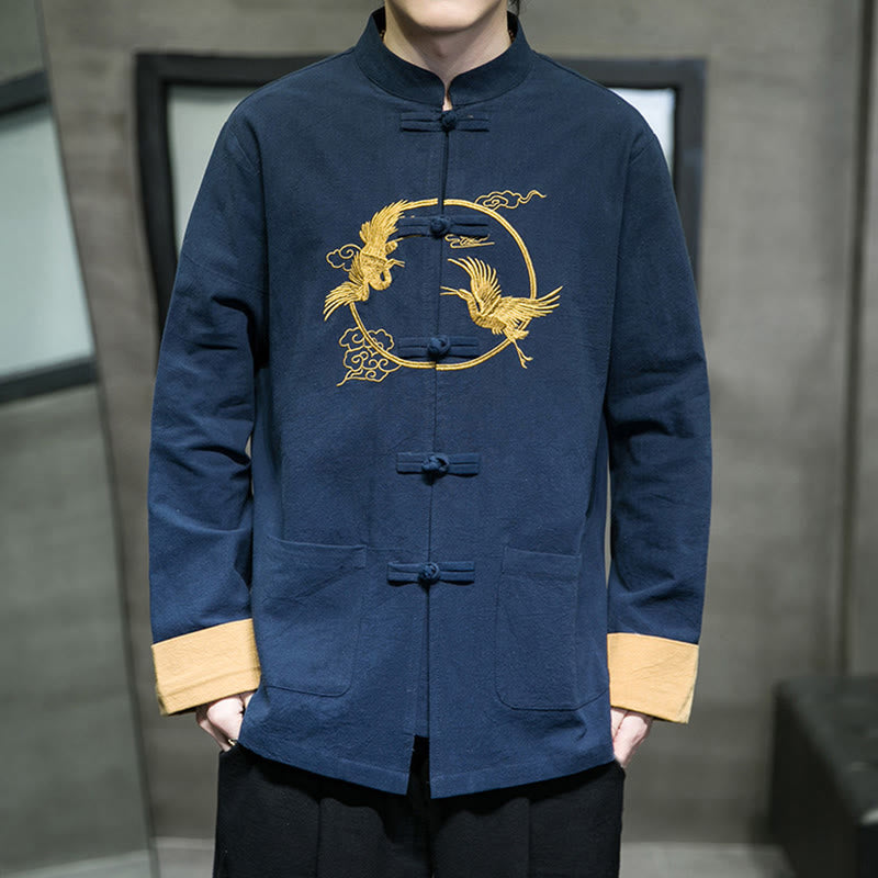 Męska bawełniana kurtka z długim rękawem i kieszeniami, haftowanymi Buddha Stones, z guzikami żaby - Ciemnoniebieski - US/UK/AU46， EU56 (5XL) - image 29